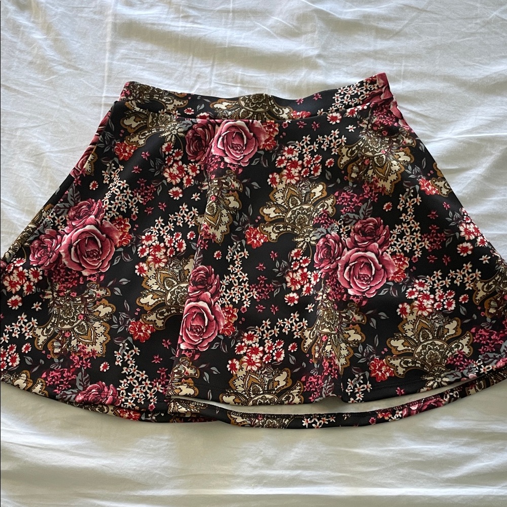 Forever 21 Black and Pink Floral Skater Skirt